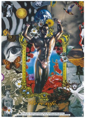 A collage of "camp" motifs,  advertising safe gay sex. Colour lithograph by Pfeffer und Salz for the AIDS-Hilfe Schweiz, AIDE Suisse contre le SIDA, and Aiuto AIDS Svizzero.