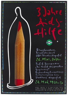 A red pencil standing vertical within a white line-drawn condom representing an advertisement for a benefit concert by the Bluesbreakers in Klagenfurt, Austria, to mark 3 years of AIDS-Hilfe in Austria. Colour lithograph, 1986 [?].