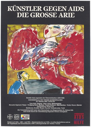 A woman in a red dress with puffed sleeves sings beside a pianist representing an advertisement for a benefit concert entitled 'Artists against AIDS. The Big Aria' to support Österreichische AIDS-Hilfe at the Schubertsaal Wiener concert hall in Vienna on 24 October 1987. Colour lithograph.
