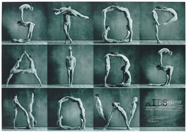 Semi-naked men and women from the dance company Momix Dancers use their bodies to form the words 'Stop AIDS Now', an advertisement by the AIDS-Hilfen Österreichischs. Colour lithograph by Claudio Alessandri Design, ca. 1995.