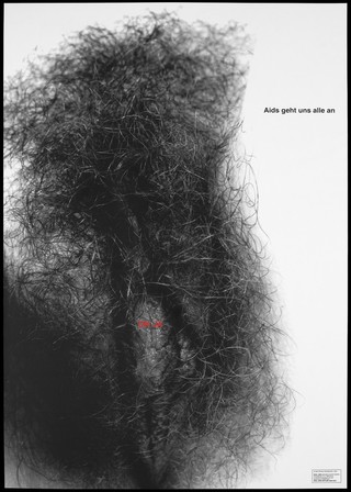 A magnified view of the pubic area of a man bearing the words 'Oh ja'; an advertisement by the Real AIDS Grazer Kunst Verein. Colour lithograph by Matthias Herrmann, 1993.