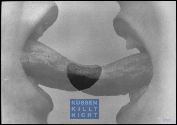 Two open mouths bearing tongues curving up in a phallic way and joining in the middle with the message in German 'kissing does not kill'; a safe sex advertisement by the Real AIDS Grazer Kunst Verein. Colour lithograph by Matthias Herrmann, 1993.