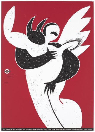 A white angel-like figure with wings being embraced by a black demon-like creature with ears with a quote from Friedrich Dürrenmatt stating that love is a miracle but evil is never very far away; a warning about AIDS by the AIDS-Hilfe Vorarlberg. Colour lithograph by Kurt Dornig.