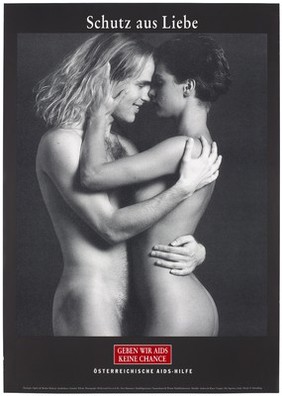 A naked man with shoulder-length blond wavy hair embraces a naked woman with the message in German: 'Protection from love. Let us give AIDS no chance'; an advertisement for safe sex by the Österreichische AIDS-Hilfe. Colour lithograph by Ogilvy & Mather Medical and Peter Baumann of Hollywood Ges. m.b.H.