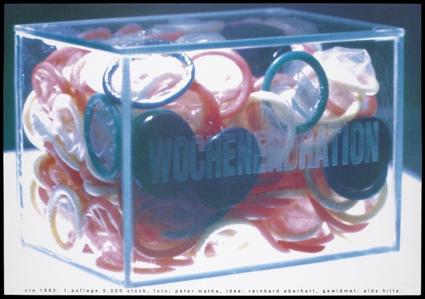 A transparent blue box filled with condoms and labelled 'Wochenendration' [weekend ration]; an advertisement for safe sex by the AIDS-Hilfe. Colour lithograph by Peter Matha and Reinhard Eberhart, 1993.