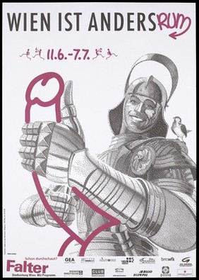 A stippled impression of a smiling knight with a bird on his shoulder and one arm apparently holding up his pink line-drawn penis; with the statement 'Vienna is the other way'; an advertisement for a gay event from 11 June to 7 July [199-] in Vienna [?] organised by sieben zu eins Kulturkontor. Colour lithograph.