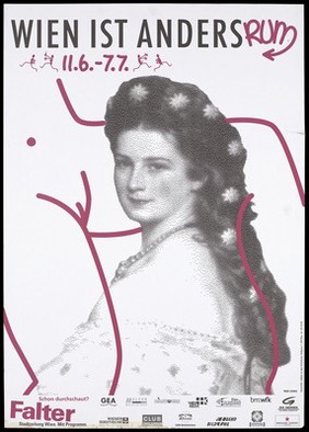 A stippled impression of a woman with long hair decorated with flowers wearing an off-the- shoulder gown and pearls sitting between the pink line drawn legs of a woman; with the statement 'Vienna is the other way'; an advertisement for a gay event from 11 June to 7 July [199-] in Vienna [?] organised by sieben zu eins Kulturkontor. Colour lithograph.