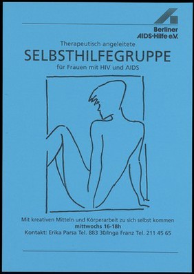 The line drawn back view of a woman representing an advertisement for a therapeutic self-help group for women with HIV and AIDS by the Berliner AIDS-Hilfe. Colour lithograph, ca. 1996.