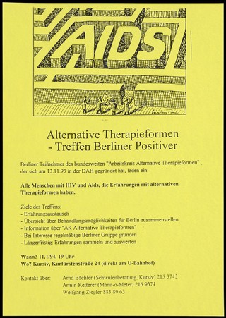 The words 'AIDS' forming the centre of a maze with four figures on the outside holding maps in an attempt to find their way in; an illustration by Ingram Pinn advertising a meeting in Berlin for alternative forms of therapy for those with HIV and AIDS; held on 11 January 1994 at the headquarters of Kursiv, the Centre for AIDS and advice for gay men. Photocopy, 1994.