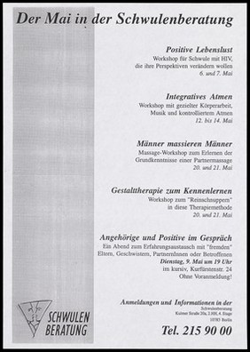 A list of events in May 1995 (?) available by the Schwulenberatung, gay counselling service in Berln including workshops for gay men with HIV and massage services. Photocopy, ca. 1995.