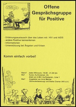Two men sit in discussion top right with a further group of cartoon male figures at the bottom sit chatting around a small coffee table adorned with cups and a teapot by Rob [?]; an advertisement for an open discussion group for those living with HIV and AIDS mentored by Arnd Bächler (gay counseling) and Stefan Cremer (HIV e.V.). Photocopy, 1994.