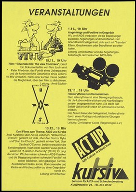 Two men sit in discussion next to a teapot and cups, two triangles joined at the point with the letters 'H,E and S' and a film camera representing an advertisement for a series of films about HIV and AIDS by Kursiv and ACT Up. Photocopy, 1993.