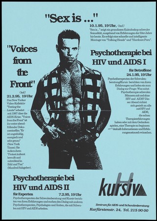 A man wearing a check sleeveless shirt open at the chest with his hands in his pockets representing an advertisement for a selection of documentary films about HIV and AIDS including a film entitled 'Voices from the Front" by the German actor/film producer and gay activist, Manfred Salzgeber; an event organised by Kursiv, Centre for AIDS and advice for gay men in Berlin. Photocopy, 1995.