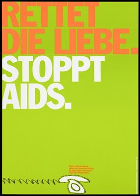 A white telephone on a lime green background advertising AIDS counselling services offered by health authorities and voluntary organizations; with the message ''Save love. Stop AIDS". Colour lithograph by Papen, Hansen, 199-.