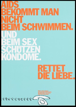 A white telephone on a pale blue background advertising AIDS counselling services offered by health authorities and voluntary organizations; with the message ''You do not get AIDS from swimming". Colour lithograph by Papen, Hansen, ca. 1995.