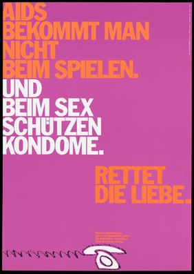 A white telephone on a pink background advertising AIDS counselling services offered by health authorities and voluntary organizations; with the message ''You do not get AIDS from playing". Colour lithograph by Papen, Hansen, ca. 1995.