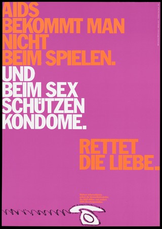 A white telephone on a pink background advertising AIDS counselling services offered by health authorities and voluntary organizations; with the message ''You do not get AIDS from playing". Colour lithograph by Papen, Hansen, ca. 1995.