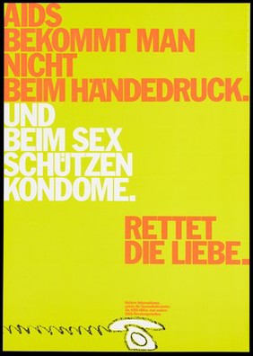 A white telephone on a bright yellow background advertising AIDS counselling services offered by health authorities and voluntary organizations; with the message ''You do not get AIDS from shaking hands". Colour lithograph by Papen, Hansen, ca. 1995.