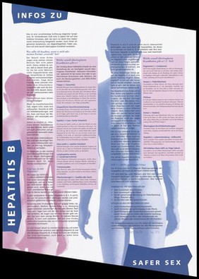 Two views of the back of a naked man one in pink, the other in pale blue with information on hepatitis B in relation to AIDS and HIV; a two-sided information leaflet written by Dr. Friedrich Chaban published by Hein & Fiete, Hamburg's gay information centre. Colour lithograph, 1994.