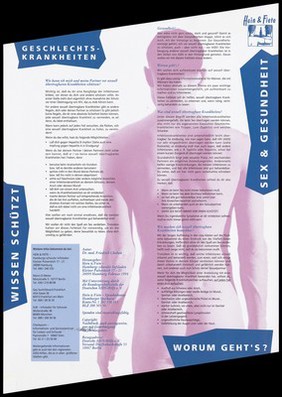 Two views of the back of a naked man one in pink, the other in pale blue with information on hepatitis B in relation to AIDS and HIV; a two-sided information leaflet written by Dr. Friedrich Chaban published by Hein & Fiete, Hamburg's gay information centre. Colour lithograph, 1994.