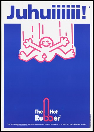 A male figure smiling as he descends with arms and legs outstretched to reveal his genitals; a safe sex advertisement by the condom makers, the Hot Rubber Company Deutschland, a department of the Deutschen AIDS-Hilfe e.V. Colour lithograph.