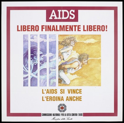 A young woman and a young man rejoice as they escape from King Kong; representing attainment of freedom from AIDS and heroin addiction. Colour lithograph for the Commissione Nazionale per la lotta contro l'AIDS, Ministero della Sanità, ca. 1995.