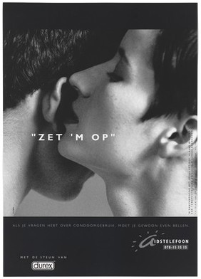 A woman whispers into the ear of a man 'Turn it on' with an AIDS helpline; a safe sex advertisement in a collaboration with Leona Detiège, Flemish Minister of Employment and Social Affairs and the condom makers, Durex. Lithograph by VVL/BBDO, ca. 1995.