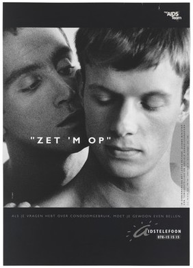 A man whispers into the ear of another man 'Turn it on' with an AIDS helpline; a safe sex advertisement in a collaboration with Leona Detiège, Flemish Minister of Employment and Social Affairs and the condom makers, Durex. Lithograph by VVL/BBDO, ca. 1995.