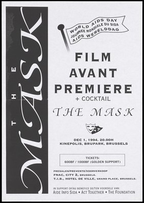 An advertisement for the premiere of the film 'The mask' on 1 December 1994 at the Kinepolis in Brussels to mark World AIDS Day in support of AIDS. Photocopy.