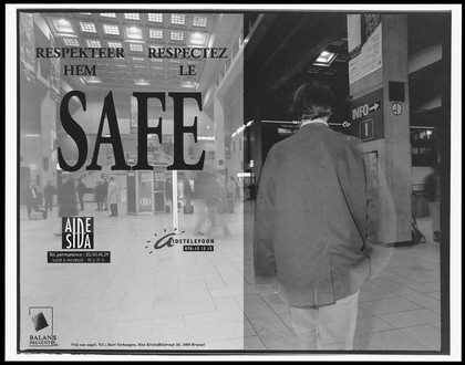 A man cruising at the Gare Centrale in Brussels; an advertisement for safe sex in AIDS prevention. Lithograph by Bart Verhaegen for Aide Info Sida, ca. 1996.