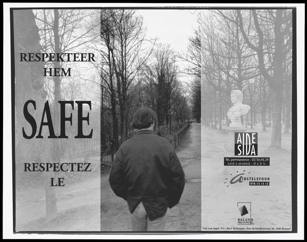 A man cruising in the Parc de Bruxelles (Warandepark); an advertisement for safe sex in AIDS prevention. Lithograph by Bart Verhaegen for Aide Info Sida, ca. 1996.