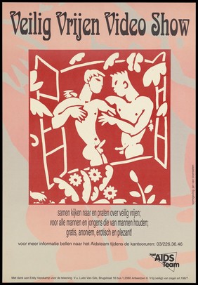 Two naked gay men within a window surrounded by flowers; an illustration by Eddy Varekamp representing an advertisement for a safe sex video show by the 'Het AIDS Team'. Colour lithograph designed by Jan van Bostraeten, ca. 1995.