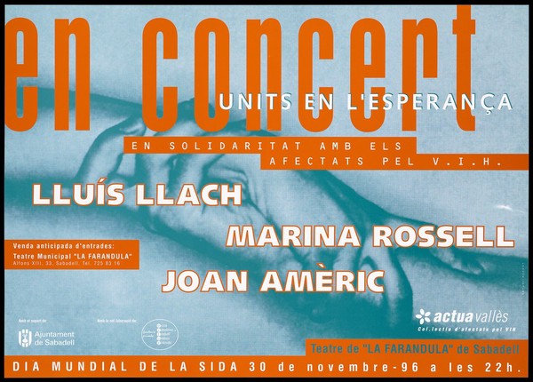 Two hands gripping onto each other representing an advertisement for a concert on the eve of World AIDS Day on 30 November 1996 at the Theatre of 'La Farandual' in Sabadell, Spain in support of those with HIV. Colour lithograph by Estudi Accent.