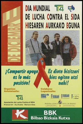 Two men and women standing on the deck of a boat against the sea representing an advertisement for World AIDS Day on 1st December supported by the Asociación de Lucha Contra el SIDA, Euskal Telebisata and the bank, BBK: Bilbao Bizkaia Kutxa. Colour lithograph, ca. 1995.