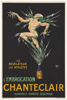 A naked athlete being electrified to show the effect of "Chanteclair" embrocation. Colour lithograph by M. Liebeaux, ca. 1910 (?).