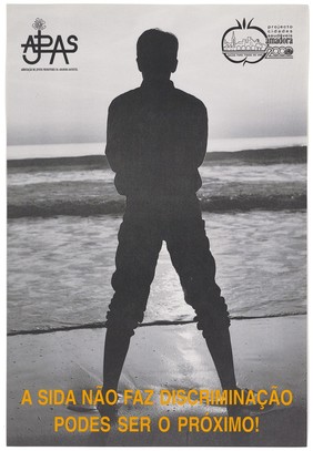 The back view of a young male figure standing looking out to sea with his trousers rolled up with a message in Portuguese about AIDS discrimination. Colour lithograph, ca. 1995.