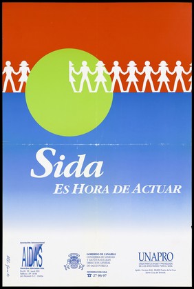 A chain of white silhouette male and female figures partly disappearing within a lime green circle against a red and blue background with the message in Spanish: 'AIDS: It is time to act'; an advertisement by the AIDAS (Asociación Internacional Derechos Afectados SIDA), Gobierno de Canarias, and UNAPRO (Union Para la Ayuda y Proteccion de los Afectados por el SIDA). Colour lithograph by A. ... G., 1997.