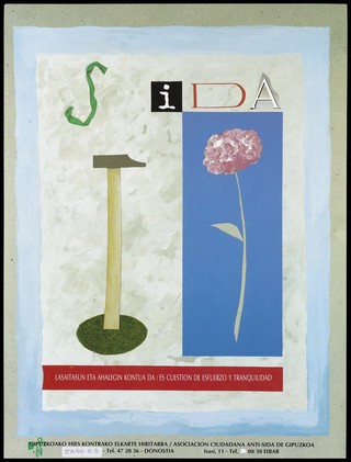 A hammer and a flower with the words 'SIDA' representing the battle against AIDS; an advertisement by the Gipukoako Hies Kontrako Elkarte Hiritarra/Asociación Ciudadana Anti-SIDA de Gipuzkoa. Colour lithograph, ca. 1996.
