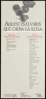 Grey and white circular marks representing the HIV virus with a list of ways in which the virus is and is not transmitted; an advertisement by the Generalitat de Cataluyna Departament de Sanitat i Seguretat Social. Colour lithograph, ca. 1995.