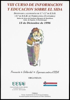 A man hugging a woman and raising her from the floor representing an advertisement for the 8th course on AIDS education for students at the Instituto Marqués de Santillana on 13 December 1996; organised by the Centre de Estudios Sociales Aplicados [Center of Applied Social Studies] and the Gobierno de Cantabria Consejeria de Sanidad, Consumo y Bienestar Social [Government of Cantabria, Department of Health, Consumption and Social Welfare]. Colour lithograph by Michael Emberly, 1996.