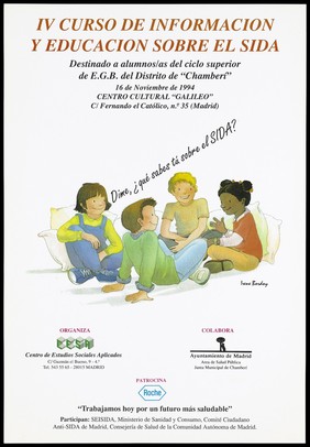 Four children sit chatting about AIDS; advertising the 4th course on AIDS education for higher education students in the 'Chamberí' district of Madrid; held at the Centro Cultural "Galileo" in Madrid on 16 November 1994; organised by the Centre de Estudios Sociales Aplicados [Center of Applied Social Studies]. Colour lithograph by Irene Bordoy, 1994.