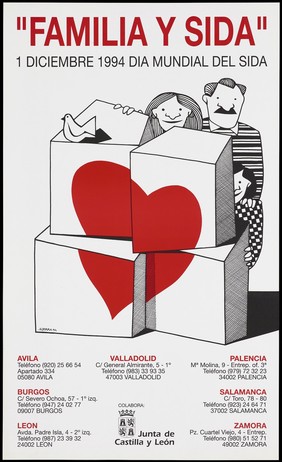 A family of three people stand behind four separating blocks bearing a red heart and a dove representing an advertisement for 'Family and AIDS' to mark 1st December 1994, World AIDS Day; with local helplines in the León area; a collaboration with the Junta de Castilla y León. Colour lithograph by Sierra, 1994.