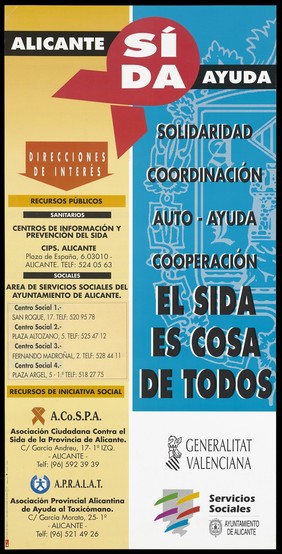 The coat of arms of Alicante in grey against blue with a list of helpline numbers of the Social Services available for advice on AIDS in the Valencia area. Colour lithograph, ca. 1995.