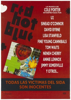 A record cover entitled 'Red Hot Blue, a tribute to Cole Porter to benefit AIDS research and relief produced by EMI on 25 September 1990. Colour lithograph by Estudio Pedro Delgado, [1990].