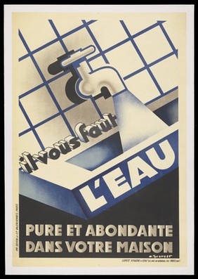 A tap running water; representing the benefits of mains water supply in France. Colour lithograph after A. Brunyer, 193- (?).