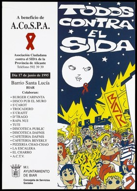 A crowd of people in a star-studded night sky featuring a personified moon wearing the AIDS red ribbon with the message in Spanish 'All against AIDS' and the signs 'Pub' and 'Bar'; an advertisement for an AIDS benefit evening on 17 June 1995 at the Santa Lucía bar [in Biar?] by the A.Co.S.P.A. (Asociación Ciudadana contra el SIDA de la Provincia de Alicante. Colour lithograph, 1995.