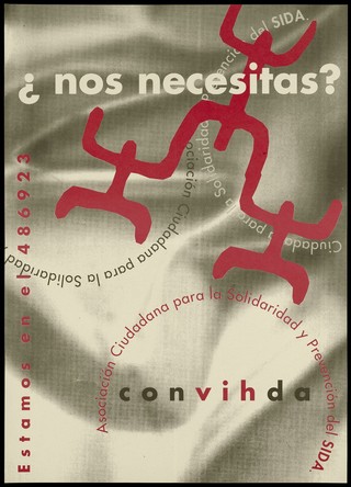 Figures outlined in red connecting lines against a swirling grey and white bearing the name Asociación Ciudadana para la Solidaridad y Prevención del SIDA; an AIDS and HIV prevention advertisement by the Civic Association for Solidarity and AIDS Prevention. Colour lithograph, ca. 1997.