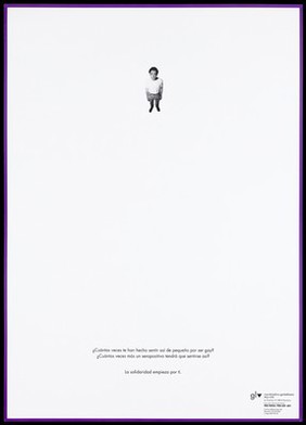 A small forlorn-looking man looking up suggesting the feeling that an HIV positive gay person experiences; an advertisement for solidarity for gay and lesbians with HIV by the Coordinadora gai-lesbiana. Colour lithograph, ca. 1996.