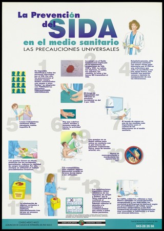 Fourteen illustrated precautions to be taken when handling blood or fluids contaminated with blood, in order to avoid transmitting HIV, hepatitis B and other related infections; an advertisement for AIDS prevention by the Eusko Jaurlaritza Gobierno Vasco. Colour lithograph, ca. 1996.