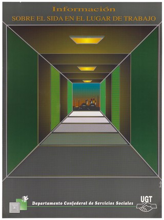 A lit corridor in sharp perspective leading to a city nightscape representing an advertisement for information on AIDS in the workplace by the Confederal Department of Social Services. Colour lithograph by Sewifar [?].